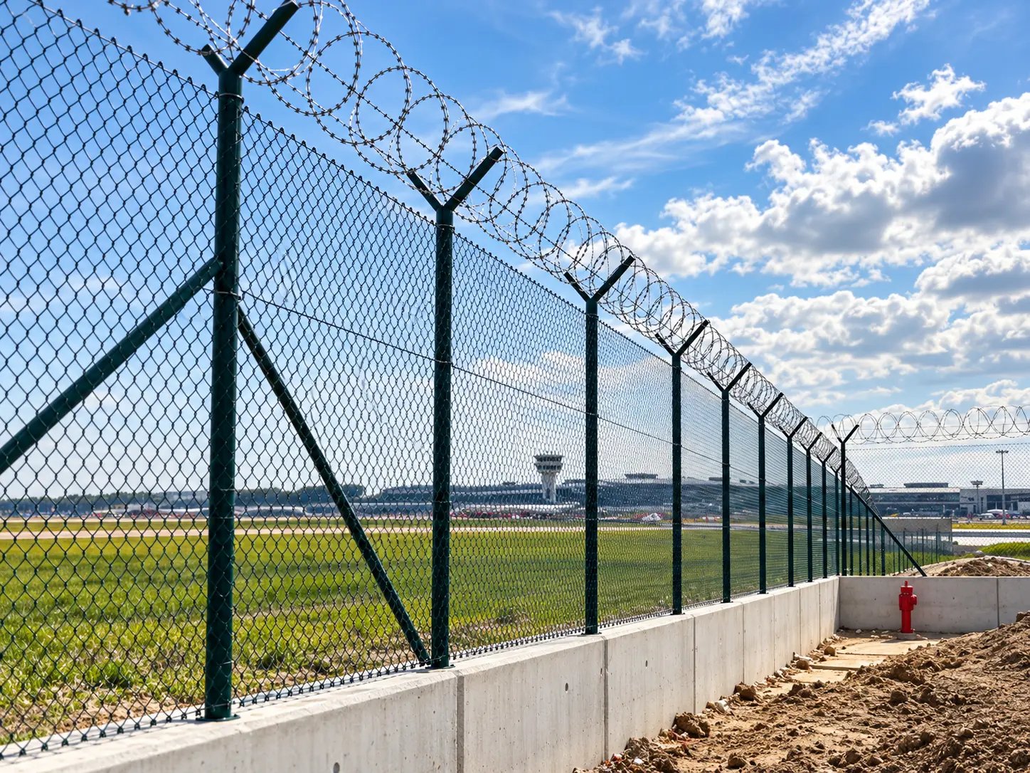 Vedação de segurança em rede metálica com concertina sobre muro de betão, junto a um aeroporto